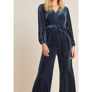 New Ali & Jay Teal Velvet Jumpsuit Womens XL Pleated Wide Leg Samantha